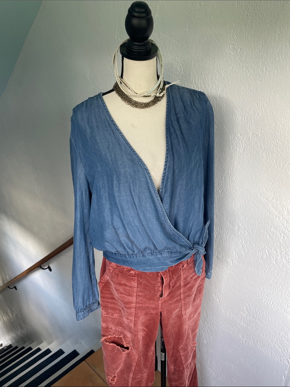 Blue Rain Casual Wrap-Front Denim Blue Long-Sleeve Top Medium